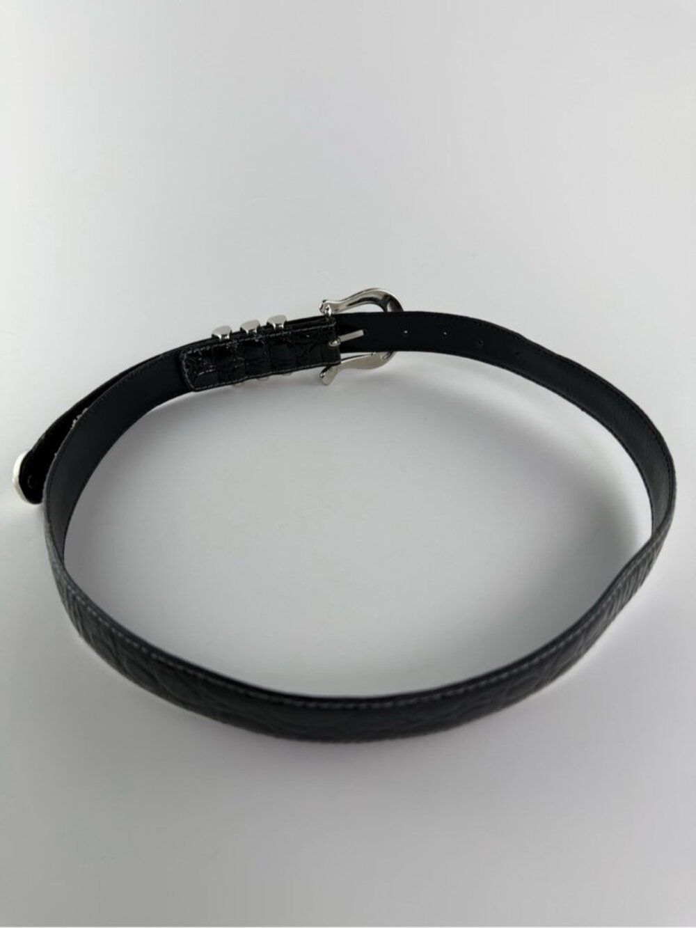 Escada Croc Embossed Patent Leather Belt Size 38 Small Black Silver Vintage 80s - Picture 3 of 7